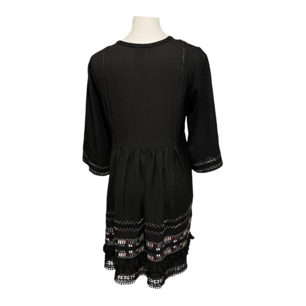 Ranna Gill Anthropologie Medium Black Embroidered Pom Pom V Neck Dress - Picture 4 of 8